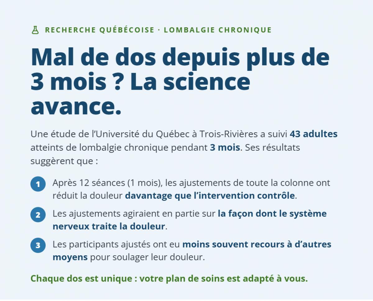 Soulagement de la douleur lombaire chronique - projet de recherche UQTR